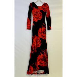Women's Maxi Evening Dress Black Red Roses Wimsigoth Romance Small Karen T